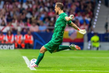 Madrid, İspanya - 4 Ekim 2023: Atletico de Madrid ile Feyenoord arasında oynanan Şampiyonlar Ligi maçı Madrid takımının zaferiyle sonuçlandı. Atletico de Madrid kalecisi.