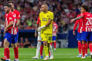Madrid, İspanya - 4 Ekim 2023: Atletico de Madrid ile Feyenoord arasında oynanan Şampiyonlar Ligi maçı Madrid takımının zaferiyle sonuçlandı. Feyenoord oyuncuları.