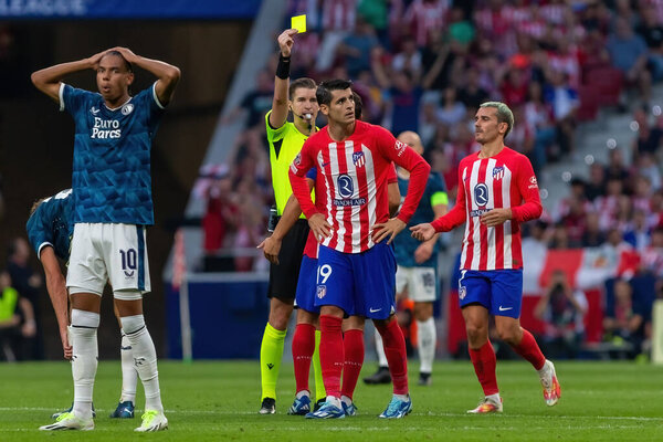 Madrid, Spain- October 4, 2023: Champions League match between Atletico de Madrid and Feyenoord played in Madrid. Players celebrating a goal. Alvaro Morata during the match.