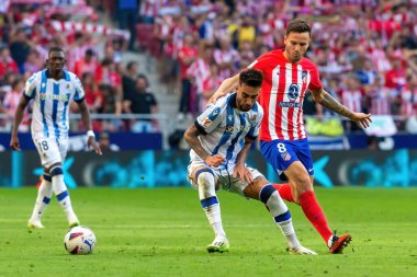 Madrid, İspanya - 8 Ekim 2023: Atletico de Madrid ile Real Sociedad arasındaki lig maçı Madrid Metropolitano 'da oynandı. - Evet. Profesyonel futbolcular.