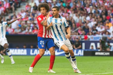 Madrid, İspanya - 8 Ekim 2023: Atletico de Madrid ile Real Sociedad arasındaki lig maçı Madrid Metropolitano 'da oynandı. - Evet. Profesyonel futbolcular.