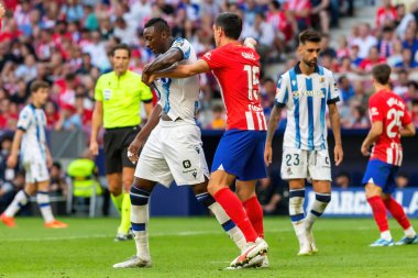 Madrid, İspanya - 8 Ekim 2023: Atletico de Madrid ile Real Sociedad arasındaki lig maçı Madrid Metropolitano 'da oynandı. - Evet. Profesyonel futbolcular.