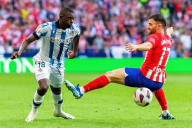 Madrid, İspanya - 8 Ekim 2023: Atletico de Madrid ile Real Sociedad arasındaki lig maçı Madrid Metropolitano 'da oynandı. - Evet. Profesyonel futbolcular.