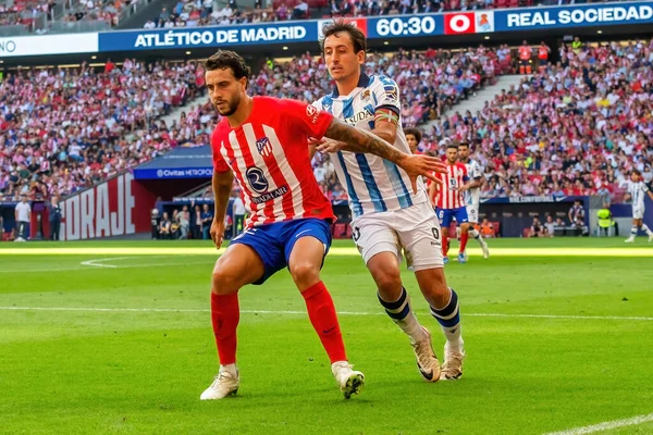 stock image Madrid, Spain- October 8, 2023: League match between Atletico de Madrid and Real Sociedad played at the Metropolitano in Madrid. . Professional soccer players.