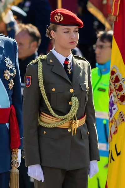 stock image Madrid, Spain- October 12, 2023: Military parade in Madrid to celebrate Hispanic Day. The Princess of Asturias and the Kings of Spain preside over the parade. Princess Leonor in military uniform