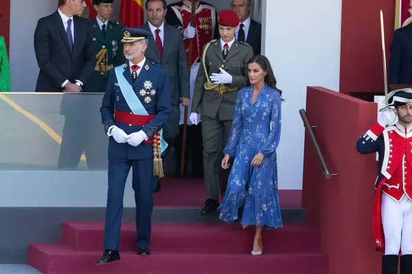 stock image Madrid, Spain- October 12, 2023: Military parade in Madrid to celebrate Hispanic Day. The Princess of Asturias and the Kings of Spain preside over the parade. Princess Leonor in military uniform