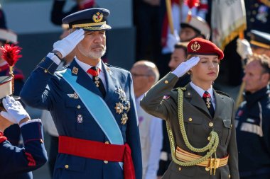 Madrid, Spain- October 12, 2023: Military parade in Madrid to celebrate Hispanic Day. The Princess of Asturias and the Kings of Spain preside over the parade. Princess Leonor in military uniform