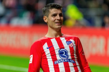 Madrid, İspanya - 29 Ekim 2023 Madrid 'de Atletico de Madrid ve Alavs arasında oynanan lig maçı. Koloneroların zaferi. Alvaro Morata.