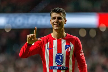Madrid, İspanya - 29 Ekim 2023 Madrid 'de Atletico de Madrid ve Alavs arasında oynanan lig maçı. Koloneroların zaferi. Alvaro Morata.