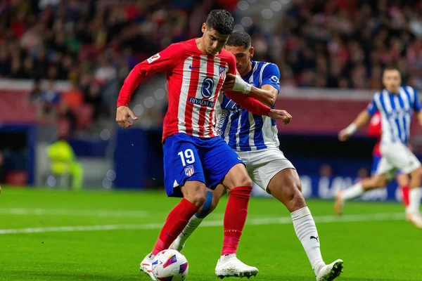 Madrid, İspanya - 29 Ekim 2023 Madrid 'de Atletico de Madrid ve Alavs arasında oynanan lig maçı. Koloneroların zaferi. Alvaro Morata.