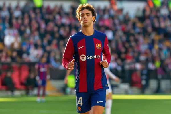 Madrid, İspanya - 25 Kasım 2023: Madrid 'de Rayo Vallecano ve FC Barcelona arasında oynanan lig maçı. Joao Felix topu aldı. Futbolcular.