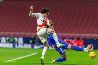 Madrid, İspanya - 2 Ocak 2024 Getafe F.C ve Rayo Vallecano arasındaki lig maçı. Yıldırım Zaferi. Futbolcular. Madrid Derbisi.