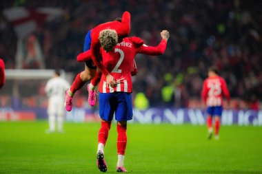 Madrid, İspanya - 18 Ocak 2024: Atletico de Madrid ile Real Madrid arasında yapılan Copa del Rey maçı. Antoine Griezmann gol attı. Futbolcular. Madrid Derbisi.