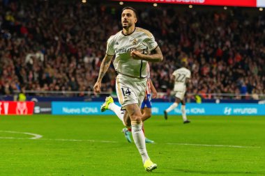 Madrid, İspanya - 18 Ocak 2024: Atletico de Madrid ile Real Madrid arasında yapılan Copa del Rey maçı. Oyun sırasında Joselu. Futbolcular. Madrid Derbisi.