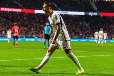 Madrid, İspanya - 18 Ocak 2024: Atletico de Madrid ile Real Madrid arasında yapılan Copa del Rey maçı. Oyun sırasında Joselu. Futbolcular. Madrid Derbisi.