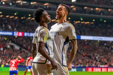Madrid, İspanya - 18 Ocak 2024: Atletico de Madrid ile Real Madrid arasında yapılan Copa del Rey maçı. Oyun sırasında Joselu. Futbolcular. Madrid Derbisi.