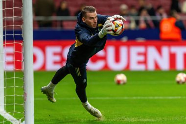 Madrid, İspanya - 18 Ocak 2024: Atletico de Madrid ile Real Madrid arasında yapılan Copa del Rey maçı. Gerçek Madrid kalecileri. Futbolcular. Madrid Derbisi.