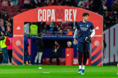Madrid, İspanya - 18 Ocak 2024: Atletico de Madrid ile Real Madrid arasında yapılan Copa del Rey maçı. Gerçek Madrid kalecileri. Futbolcular. Madrid Derbisi.