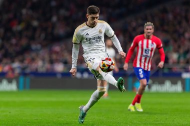 Madrid, İspanya - 18 Ocak 2024: Atletico de Madrid ile Real Madrid arasında yapılan Copa del Rey maçı. Futbolcular. Madrid Derbisi.