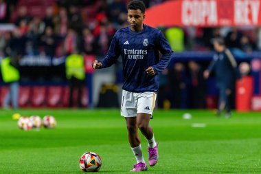 Madrid, İspanya - 18 Ocak 2024: Atletico de Madrid ile Real Madrid arasında yapılan Copa del Rey maçı. Maç sırasında Rodrigo. Futbolcular. Madrid Derbisi.