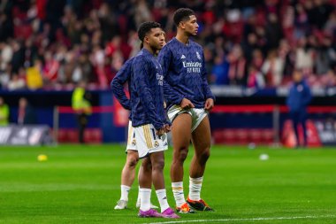 Madrid, İspanya - 18 Ocak 2024: Atletico de Madrid ile Real Madrid arasında yapılan Copa del Rey maçı. Maç sırasında Rodrigo. Futbolcular. Madrid Derbisi.