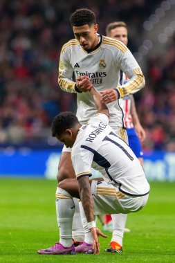 Madrid, İspanya - 18 Ocak 2024: Atletico de Madrid ile Real Madrid arasında yapılan Copa del Rey maçı. Maç sırasında Rodrigo. Futbolcular. Madrid Derbisi.