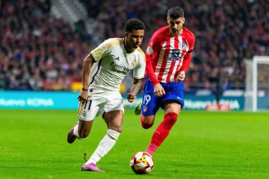 Madrid, İspanya - 18 Ocak 2024: Atletico de Madrid ile Real Madrid arasında yapılan Copa del Rey maçı. Maç sırasında Rodrigo. Futbolcular. Madrid Derbisi.