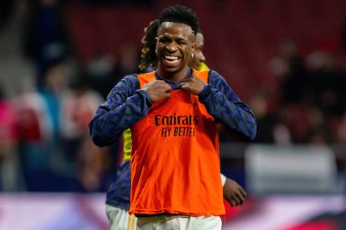 Madrid, İspanya - 18 Ocak 2024: Atletico de Madrid ile Real Madrid arasında yapılan Copa del Rey maçı. Maç sırasında Vinicius Jr. Futbolcular. Madrid Derbisi.