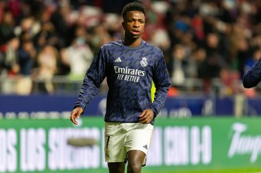 Madrid, İspanya - 18 Ocak 2024: Atletico de Madrid ile Real Madrid arasında yapılan Copa del Rey maçı. Maç sırasında Vinicius Jr. Futbolcular. Madrid Derbisi.