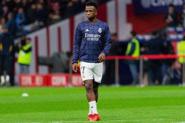 Madrid, İspanya - 18 Ocak 2024: Atletico de Madrid ile Real Madrid arasında yapılan Copa del Rey maçı. Maç sırasında Vinicius Jr. Futbolcular. Madrid Derbisi.