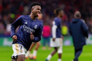 Madrid, İspanya - 18 Ocak 2024: Atletico de Madrid ile Real Madrid arasında yapılan Copa del Rey maçı. Maç sırasında Vinicius Jr. Futbolcular. Madrid Derbisi.