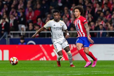 Madrid, İspanya - 18 Ocak 2024: Atletico de Madrid ile Real Madrid arasında yapılan Copa del Rey maçı. Maç sırasında Vinicius Jr. Futbolcular. Madrid Derbisi.