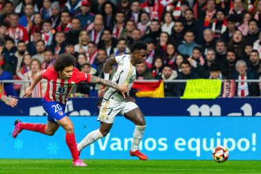 Madrid, İspanya - 18 Ocak 2024: Atletico de Madrid ile Real Madrid arasında yapılan Copa del Rey maçı. Maç sırasında Vinicius Jr. Futbolcular. Madrid Derbisi.