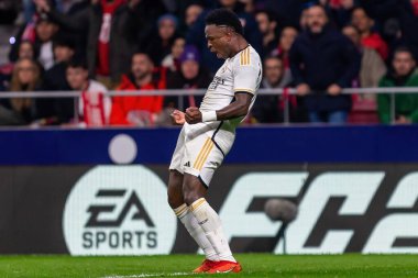 Madrid, İspanya - 18 Ocak 2024: Atletico de Madrid ile Real Madrid arasında yapılan Copa del Rey maçı. Maç sırasında Vinicius Jr. Futbolcular. Madrid Derbisi.