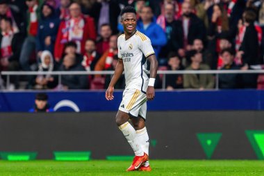 Madrid, İspanya - 18 Ocak 2024: Atletico de Madrid ile Real Madrid arasında yapılan Copa del Rey maçı. Maç sırasında Vinicius Jr. Futbolcular. Madrid Derbisi.