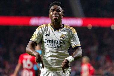 Madrid, İspanya - 18 Ocak 2024: Atletico de Madrid ile Real Madrid arasında yapılan Copa del Rey maçı. Maç sırasında Vinicius Jr. Futbolcular. Madrid Derbisi.