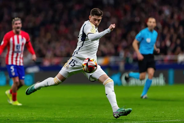 Madrid, İspanya - 18 Ocak 2024: Atletico de Madrid ile Real Madrid arasında yapılan Copa del Rey maçı. Futbolcular. Madrid Derbisi.