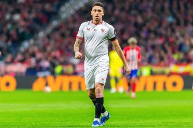 Madrid, İspanya - 25 Ocak 2024: Atletico de Madrid ile Sevilla FC arasında oynanan Copa del Rey maçı Metropolitano 'da oynandı. Futbolcular. Sevilla FC elendi..