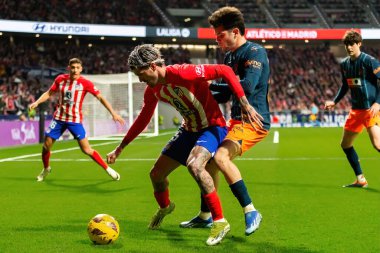 Madrid, İspanya - 28 Ocak 2024: Atletico de Madrid ve Valencia F.C. Colchonero takım oyuncuları. Atletico de Madrid için zafer.