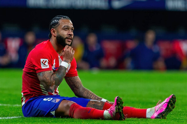 Madrid, Spain- January 28, 2024: League match between Atletico de Madrid and Valencia F.C. Victory for Atletico de Madrid. Memphis Depay with the ball.