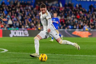 Madrid, İspanya - 1 Şubat 2024: Getafe FC ile Real Madrid arasındaki lig maçı başkentte oynandı. Gerçek Madrid oyuncuları. Futbolcular.