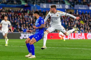 Madrid, İspanya - 1 Şubat 2024: Getafe FC ile Real Madrid arasındaki lig maçı başkentte oynandı. Gerçek Madrid oyuncuları. Futbolcular.