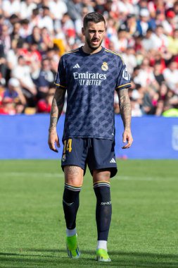 Madrid, İspanya - 18 Şubat 2024: Rayo Vallecano ve Real Madrid arasındaki lig maçı başkentte oynandı. Maç sırasında Joselu. Madrid Derbisi. Profesyonel futbolcular.