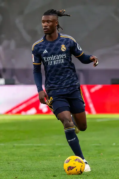 stock image Madrid, Spain- February 18, 2024: League match between Rayo Vallecano and Real Madrid played in the capital. Camavinga during the match. Madrid derby. Professional soccer players.