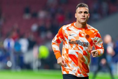 Madrid, İspanya... 13 Mart 2024 Atletico Madrid ve Inter Milan arasında oynanan 16 rauntluk maç. Top Lautaro Martinez 'de. Arjantinli oyuncu. .