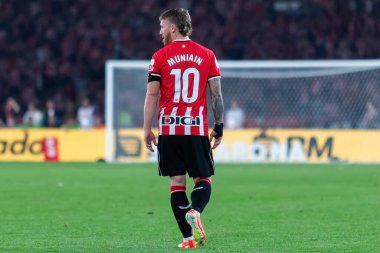 Seville, Spain- April 6, 2024: Final of the Copa del Rey soccer match between Athletic Club de Bilbao and Real Mallorca. Victory for Athletic Club de Bilbao. Iker Muniain soccer player. clipart