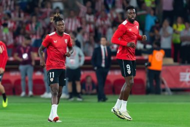 Seville, İspanya - 6 Nisan 2024: Athletic Club de Bilbao ile Real Mallorca arasındaki Copa del Rey futbol maçının finali. Maç boyunca atletik Bilbao oyuncuları.