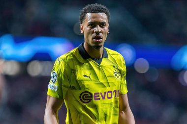 Madrid, İspanya - 10 Nisan 2024: Atletico de Madrid ve Borussia Dortmund arasında Şampiyonlar Ligi maçı. Alman takım oyuncuları. Avrupa futbolu. Şampiyonlar Ligi çeyrek finalleri.