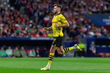 Madrid, İspanya - 10 Nisan 2024: Atletico de Madrid ve Borussia Dortmund arasında Şampiyonlar Ligi maçı. Alman takım oyuncuları. Avrupa futbolu. Şampiyonlar Ligi çeyrek finalleri.