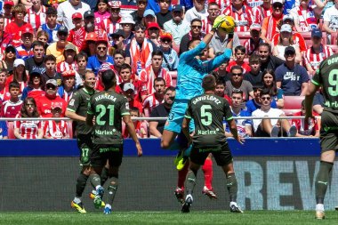 Madrid, İspanya - 13 Nisan 2024: Metropolitan 'da Atletico de Madrid ile Girona FC arasında oynanan lig maçı. Girona oyuncuları. Bir golü kutluyoruz profesyonel futbolcular..